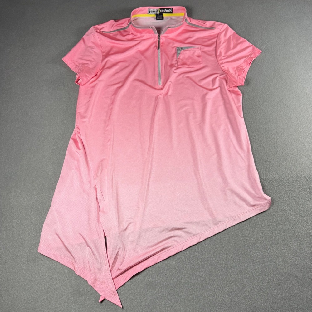 Jamie Sadock Womens Large Pink Short Sleeve Golf Top Asymmetrical Hem 1/4 Zip